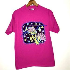 Vintage Fuchsia Aquatic Printed Fish Crew Neck T